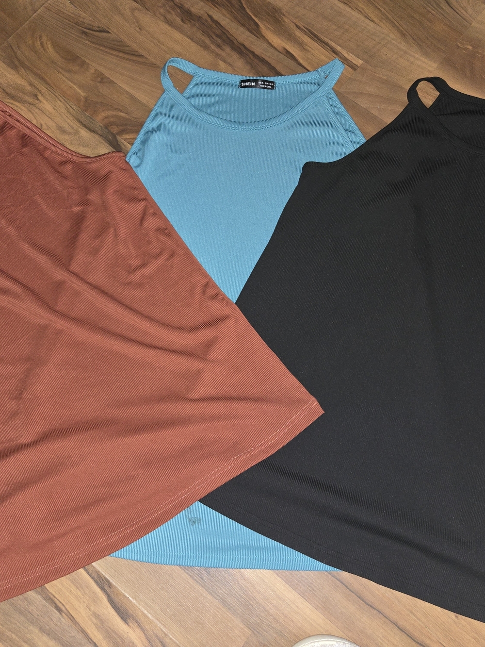 SHEIN Three-Pack Ribbed Tank Tops - Blue, Black & Rust